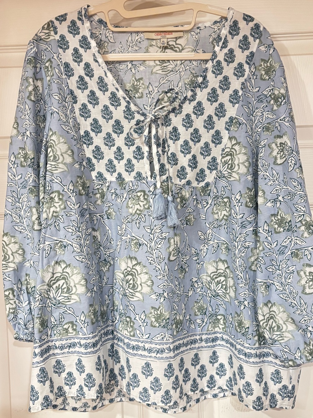Casa Cabana Light Blue Floral Peasant Top with Tassel Tie in XL